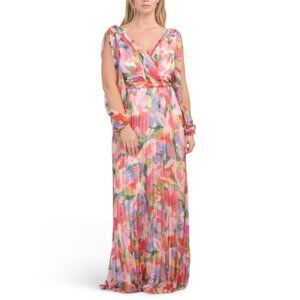 BETSY & ADAM Multi V-neck Long Sleeve Printed Gown